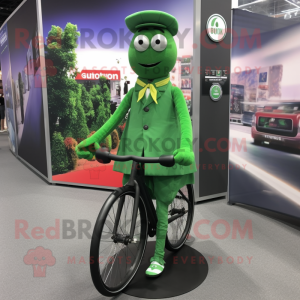 Forest Green Unicyclist mascot costume character dressed with a Wrap Dress and Tie pins