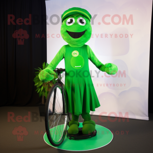 Forest Green Unicyclist mascot costume character dressed with a Wrap Dress and Tie pins