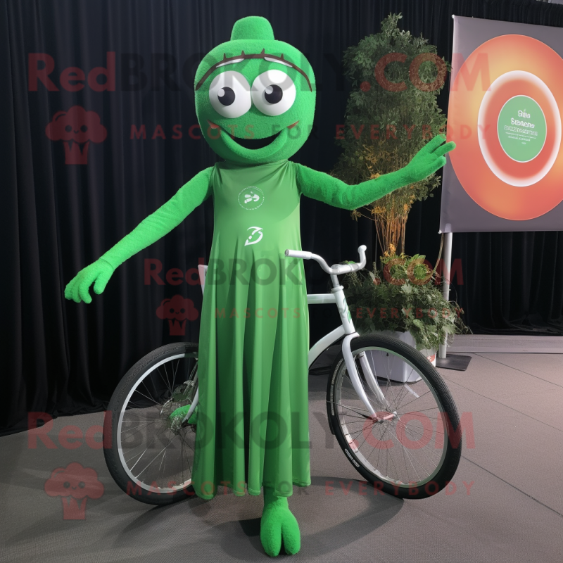 Forest Green Unicyclist mascot costume character dressed with a Wrap Dress and Tie pins