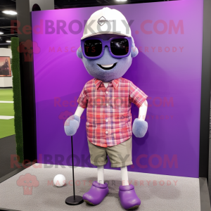 Purple Golf Ball mascot costume character dressed with a Flannel Shirt and Sunglasses