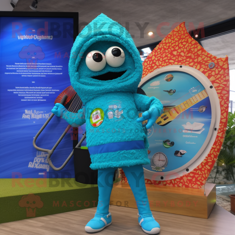 Turquoise Paella mascot costume character dressed with a Board Shorts and Digital watches