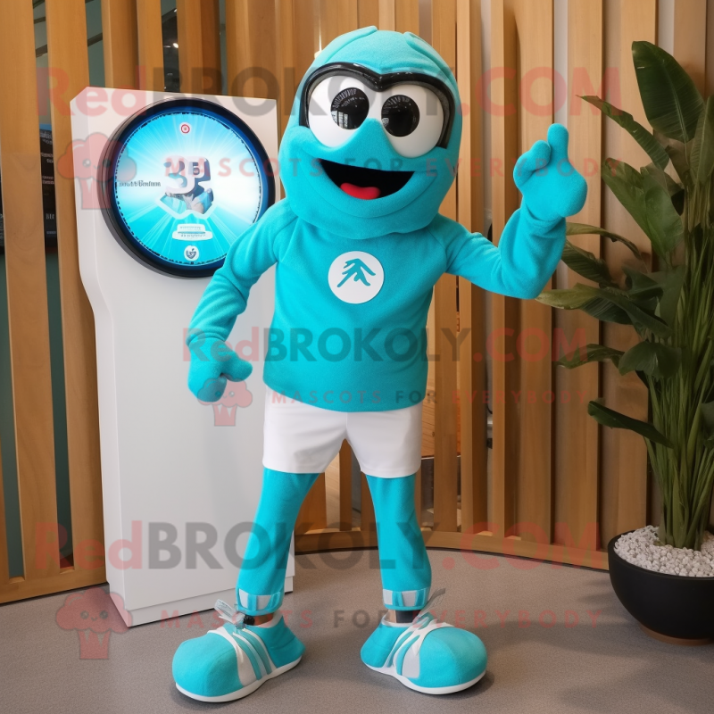 Turquoise Paella mascot costume character dressed with a Board Shorts and Digital watches