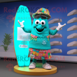 Turquoise Paella mascot costume character dressed with a Board Shorts and Digital watches