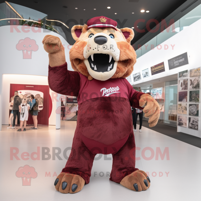 Maroon Smilodon mascot costume character dressed with a Shift Dress and Beanies