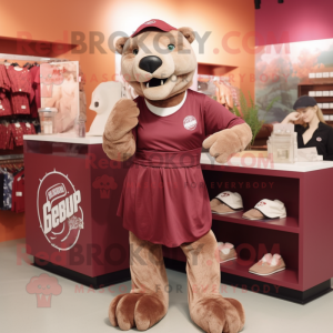 Maroon Smilodon mascot costume character dressed with a Shift Dress and Beanies