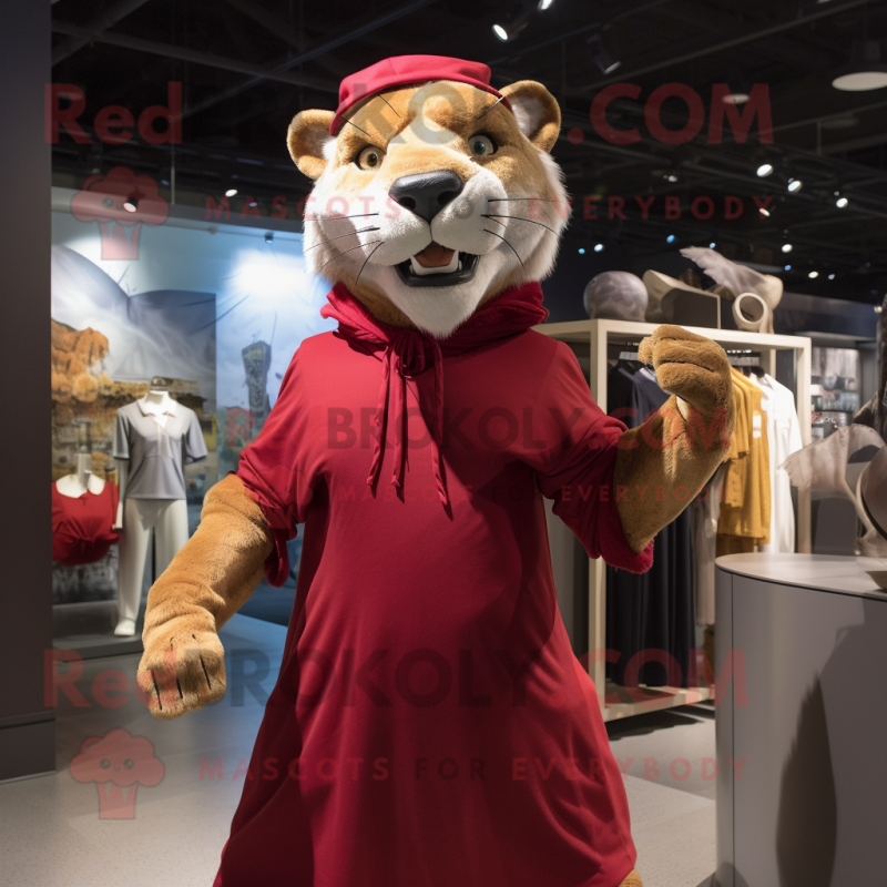 Maroon Smilodon mascot costume character dressed with a Shift Dress and Beanies Maroon Smilodon mascot costume character dressed with a Shift Dress and Beanies
