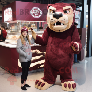 Maroon Smilodon mascot costume character dressed with a Shift Dress and Beanies