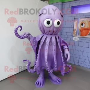 Lavender Octopus mascot costume character dressed with a Raincoat and Scarf clips