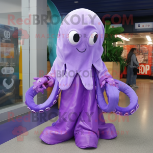 Lavender Octopus mascot costume character dressed with a Raincoat and Scarf clips
