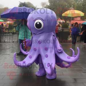 Lavender Octopus mascot costume character dressed with a Raincoat and Scarf clips
