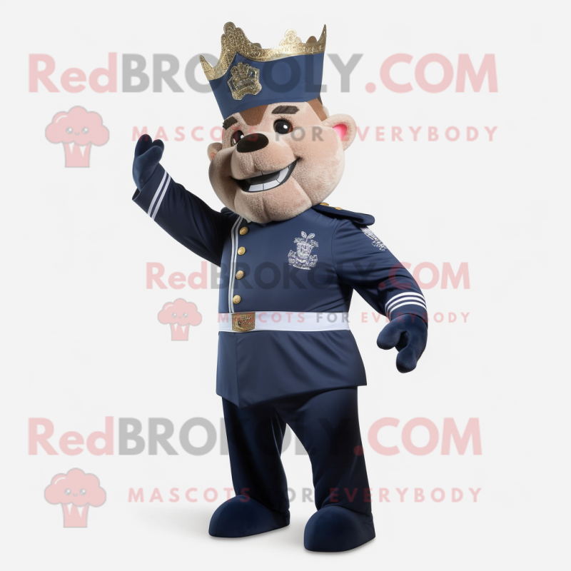 Navy King mascot costume character dressed with a Joggers and Hairpins Navy King mascot costume character dressed with a Joggers and Hairpins