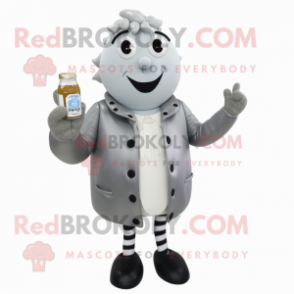 Gray Bottle Of Milk mascot costume character dressed with a Leather Jacket and Brooches