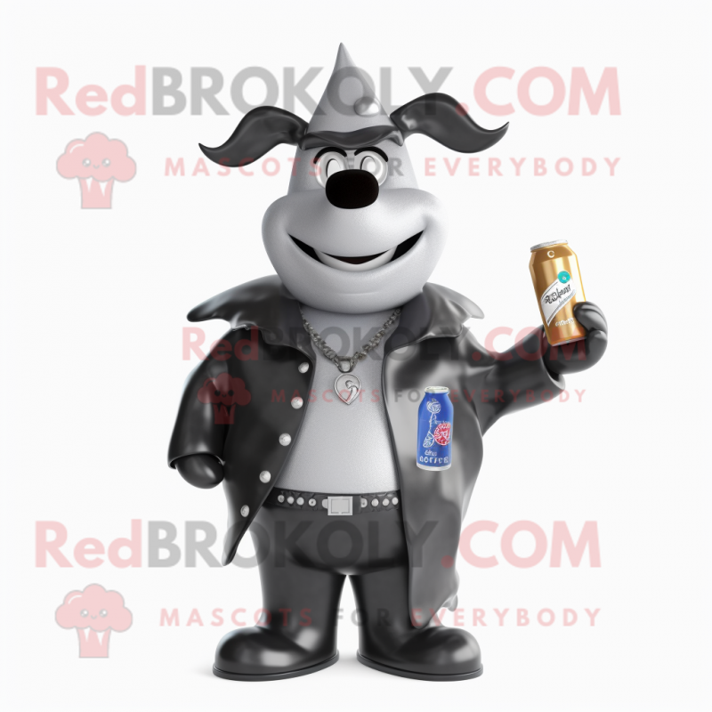 Gray Bottle Of Milk mascot costume character dressed with a Leather Jacket and Brooches Gray Bottle Of Milk mascot costume character dressed with a Leather Jacket and Brooches