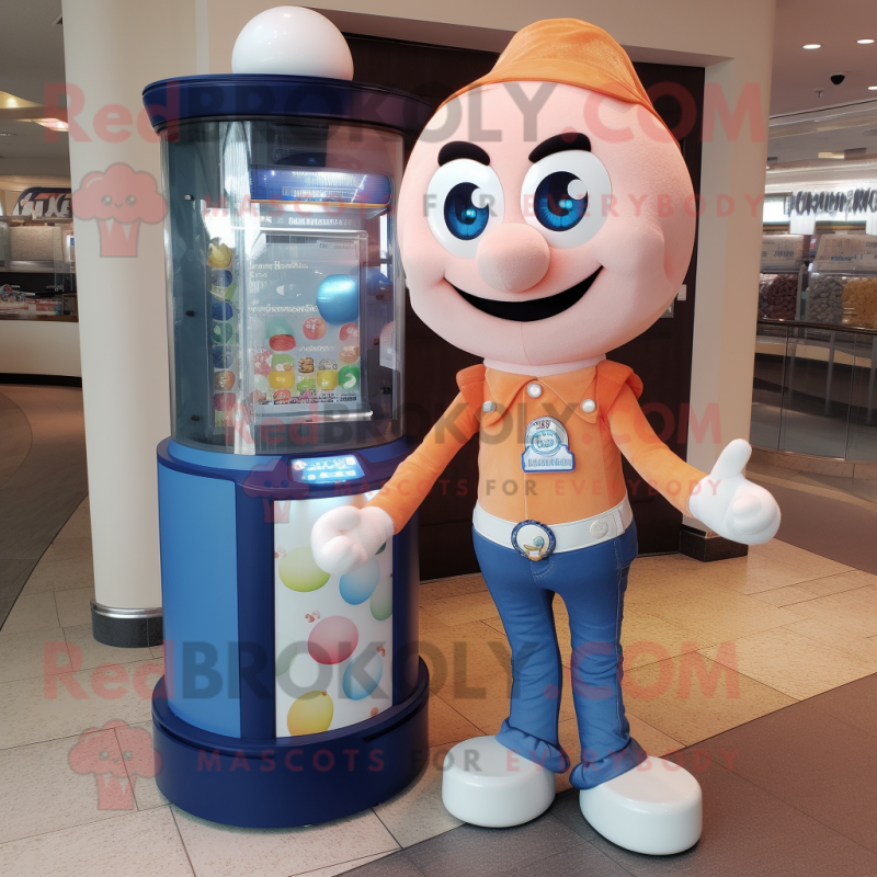 Peach Gumball Machine mascot costume character dressed with a Bootcut Jeans and Bracelet watches