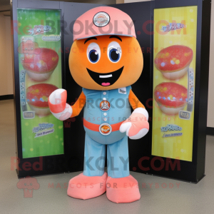 Peach Gumball Machine mascot costume character dressed with a Bootcut Jeans and Bracelet watches