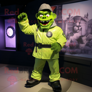 Lime Green Frankenstein'S Monster mascot costume character dressed with a Bomber Jacket and Gloves