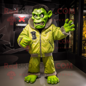 Lime Green Frankenstein'S Monster mascot costume character dressed with a Bomber Jacket and Gloves