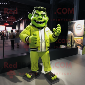 Lime Green Frankenstein'S Monster mascot costume character dressed with a Bomber Jacket and Gloves