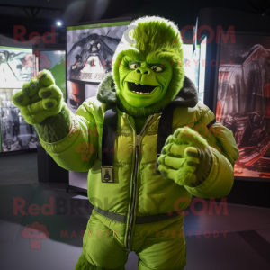 Lime Green Frankenstein'S Monster mascot costume character dressed with a Bomber Jacket and Gloves