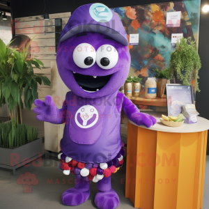 Purple Shakshuka mascot costume character dressed with a Rash Guard and Brooches