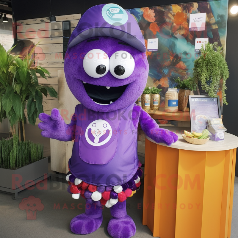 Purple Shakshuka mascot costume character dressed with a Rash Guard and Brooches Purple Shakshuka mascot costume character dressed with a Rash Guard and Brooches