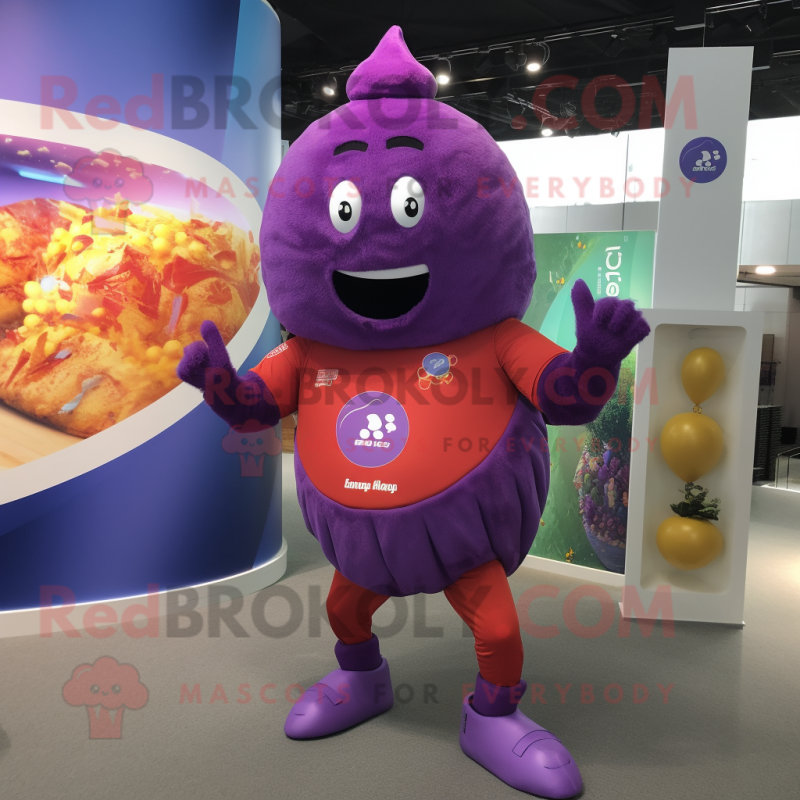 Purple Shakshuka mascot costume character dressed with a Rash Guard and Brooches Purple Shakshuka mascot costume character dressed with a Rash Guard and Brooches
