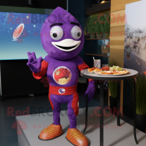 Purple Shakshuka mascot costume character dressed with a Rash Guard and Brooches