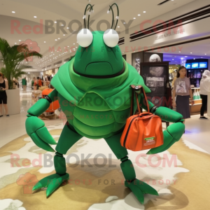 Forest Green Hermit Crab mascot costume character dressed with a Polo Shirt and Handbags