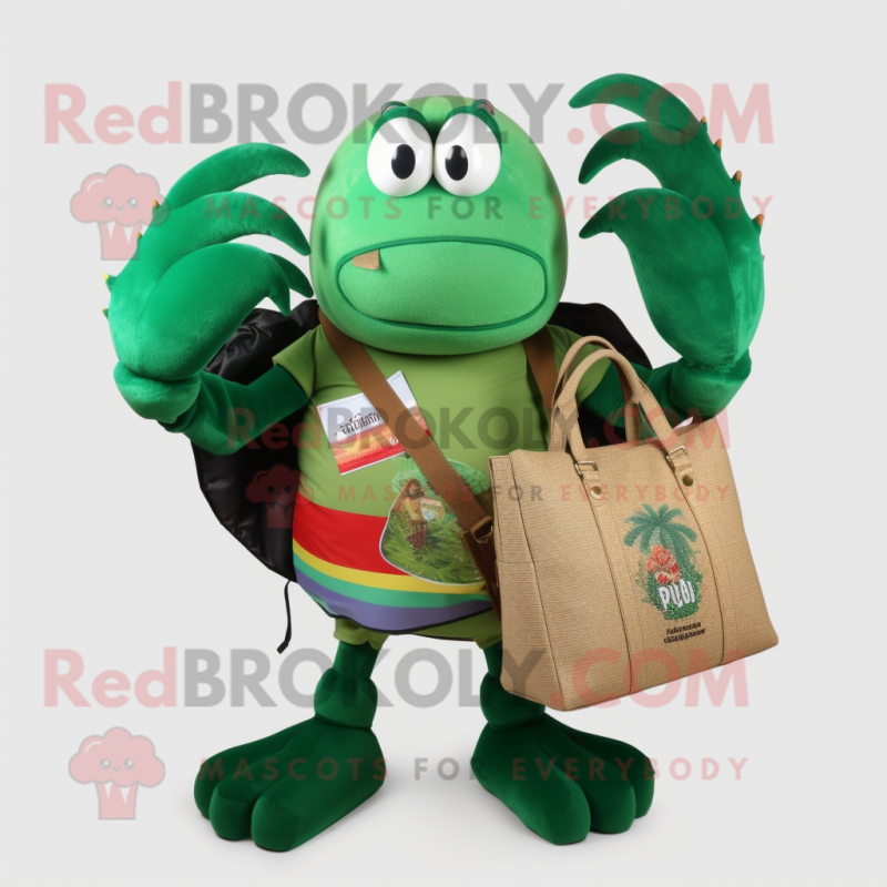 Forest Green Hermit Crab mascot costume character dressed with a Polo Shirt and Handbags