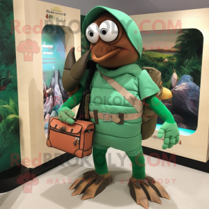 Forest Green Hermit Crab mascot costume character dressed with a Polo Shirt and Handbags