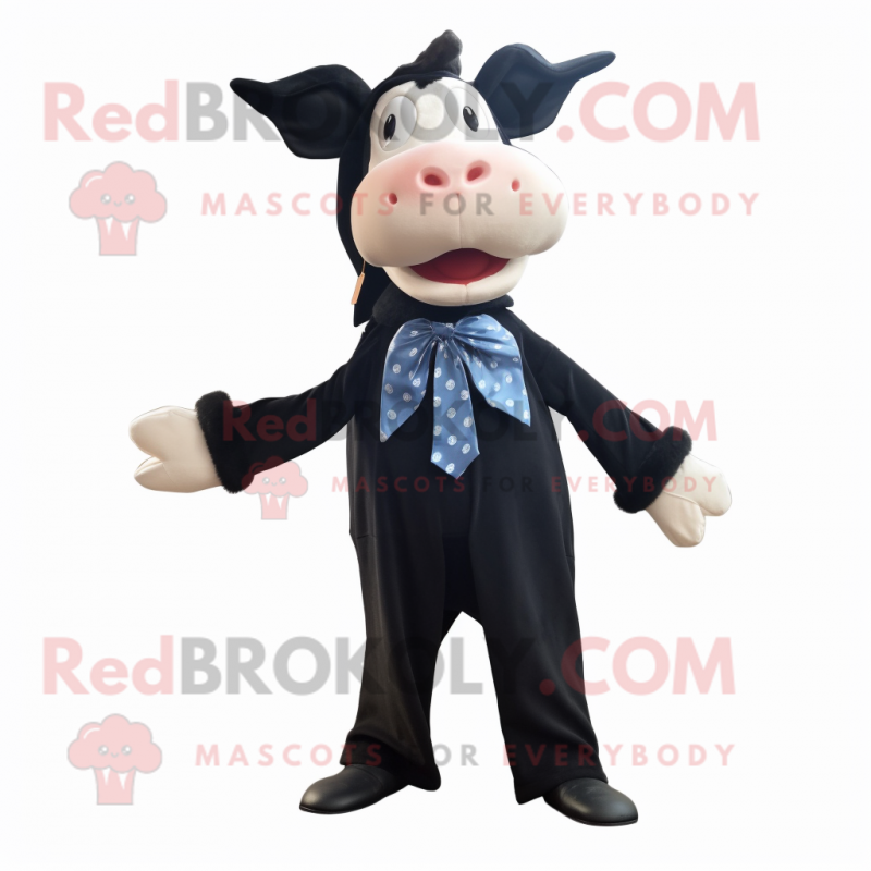 Black Guernsey Cow mascot costume character dressed with a Flare Jeans and Bow ties Black Guernsey Cow mascot costume character dressed with a Flare Jeans and Bow ties