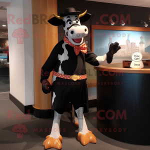 Black Guernsey Cow mascot costume character dressed with a Flare Jeans and Bow ties