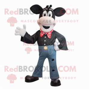 Black Guernsey Cow mascot costume character dressed with a Flare Jeans and Bow ties