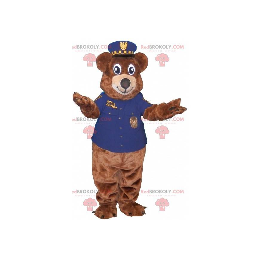 Mascotte dell'orso bruno vestito in uniforme della polizia -