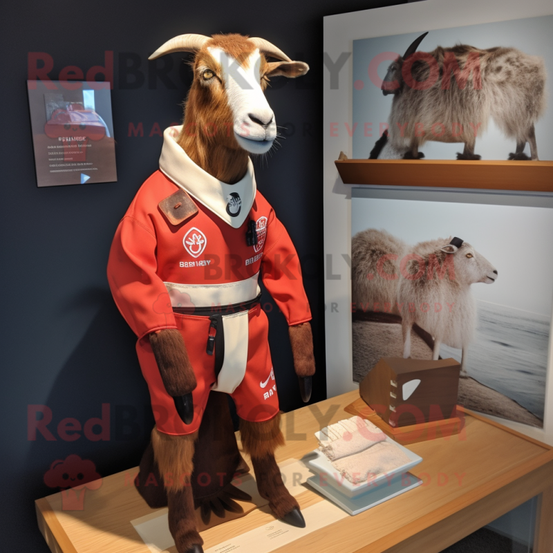 Rust Boer Goat mascot costume character dressed with a Rash Guard and Pocket squares Rust Boer Goat mascot costume character dressed with a Rash Guard and Pocket squares