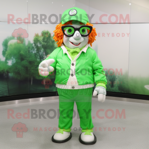Lime Green Leprechaun mascot costume character dressed with a Windbreaker and Eyeglasses