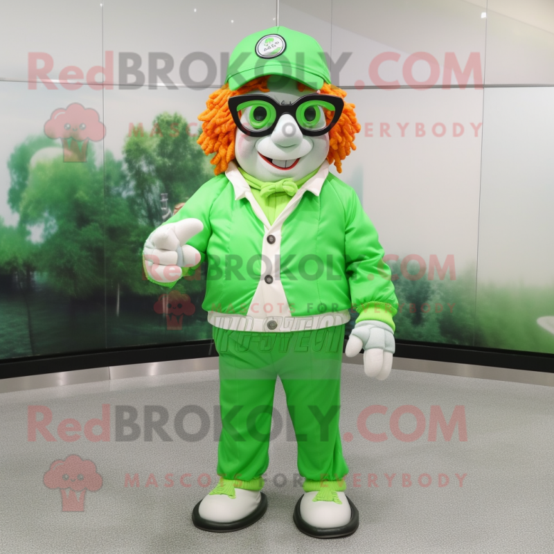 Lime Green Leprechaun mascot costume character dressed with a Windbreaker and Eyeglasses Lime Green Leprechaun mascot costume character dressed with a Windbreaker and Eyeglasses