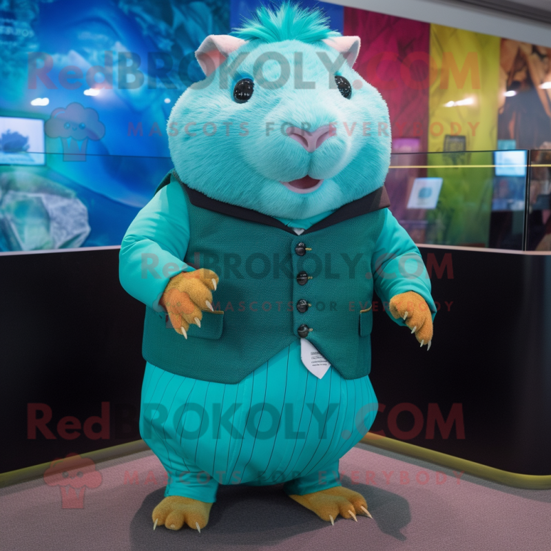 Turquoise Guinea Pig mascot costume character dressed with a Mini Skirt and Cufflinks