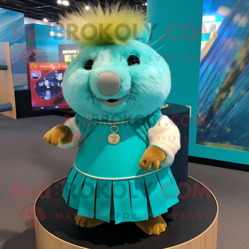 Turquoise Guinea Pig mascot costume character dressed with a Mini Skirt and Cufflinks Turquoise Guinea Pig mascot costume character dressed with a Mini Skirt and Cufflinks