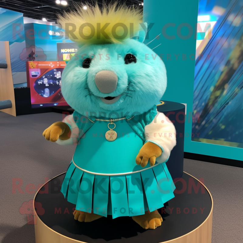 Turquoise Guinea Pig mascot costume character dressed with a Mini Skirt and Cufflinks