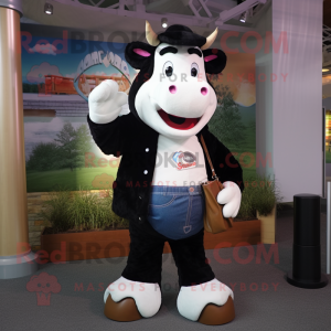 Black Hereford Cow mascot costume character dressed with a Skinny Jeans and Keychains