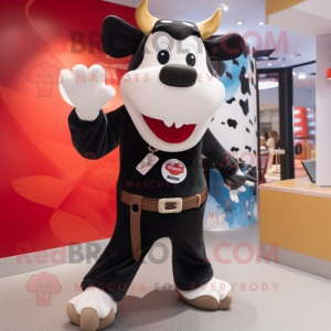 Black Hereford Cow mascot costume character dressed with a Skinny Jeans and Keychains