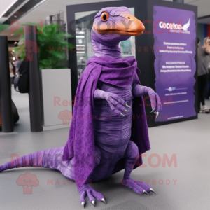 Purple Coelophysis mascot costume character dressed with a Cover-up and Scarf clips