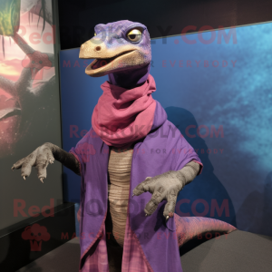 Purple Coelophysis mascot costume character dressed with a Cover-up and Scarf clips