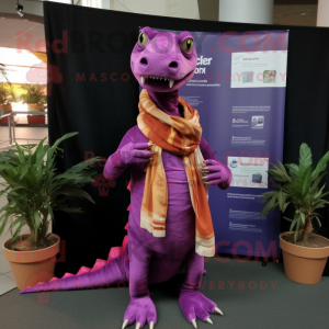 Purple Coelophysis mascot costume character dressed with a Cover-up and Scarf clips