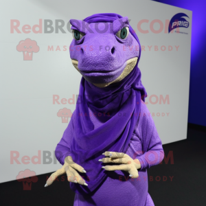 Purple Coelophysis mascot costume character dressed with a Cover-up and Scarf clips