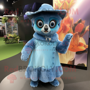 Sky Blue Lemur mascot costume character dressed with a Wrap Skirt and Hats