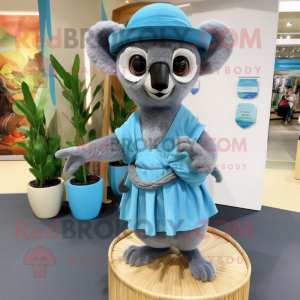 Sky Blue Lemur mascot costume character dressed with a Wrap Skirt and Hats