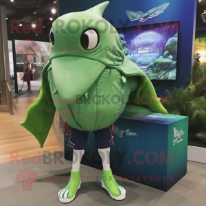 Green Manta Ray mascot costume character dressed with a Cargo Shorts and Mittens
