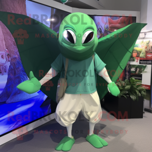 Green Manta Ray mascot costume character dressed with a Cargo Shorts and Mittens